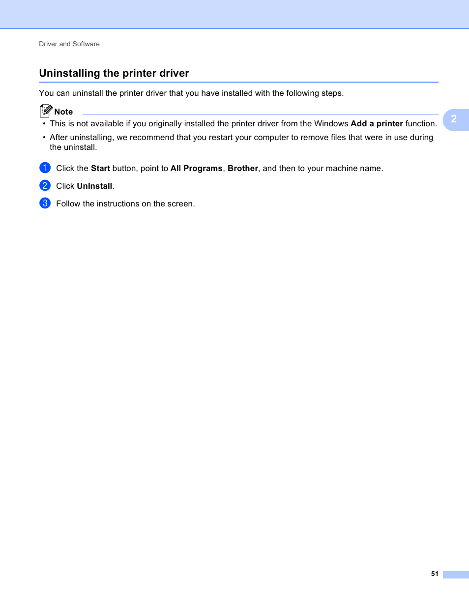 Uninstalling the printer driver, 2uninstalling the printer driver | Brother HL-5440D User Manual | Page 57 / 168