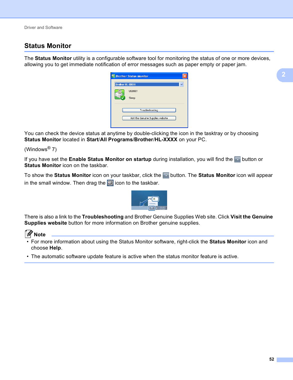 Status monitor, 2status monitor | Brother HL-5440D User Manual | Page 58 / 168