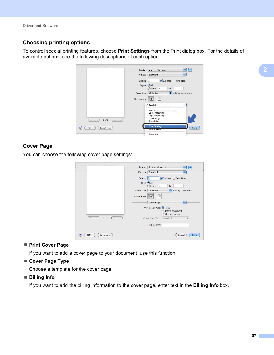 Choosing printing options, Cover p]age, Cover page | Brother HL-5440D User Manual | Page 63 / 168