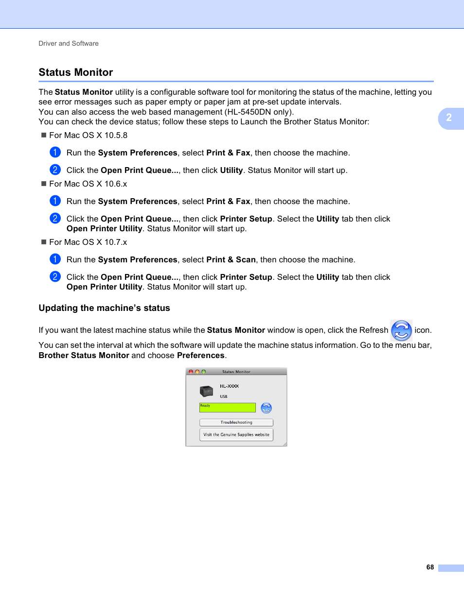 Status monitor, Updating the machine’s status, 2status monitor | Brother HL-5440D User Manual | Page 74 / 168