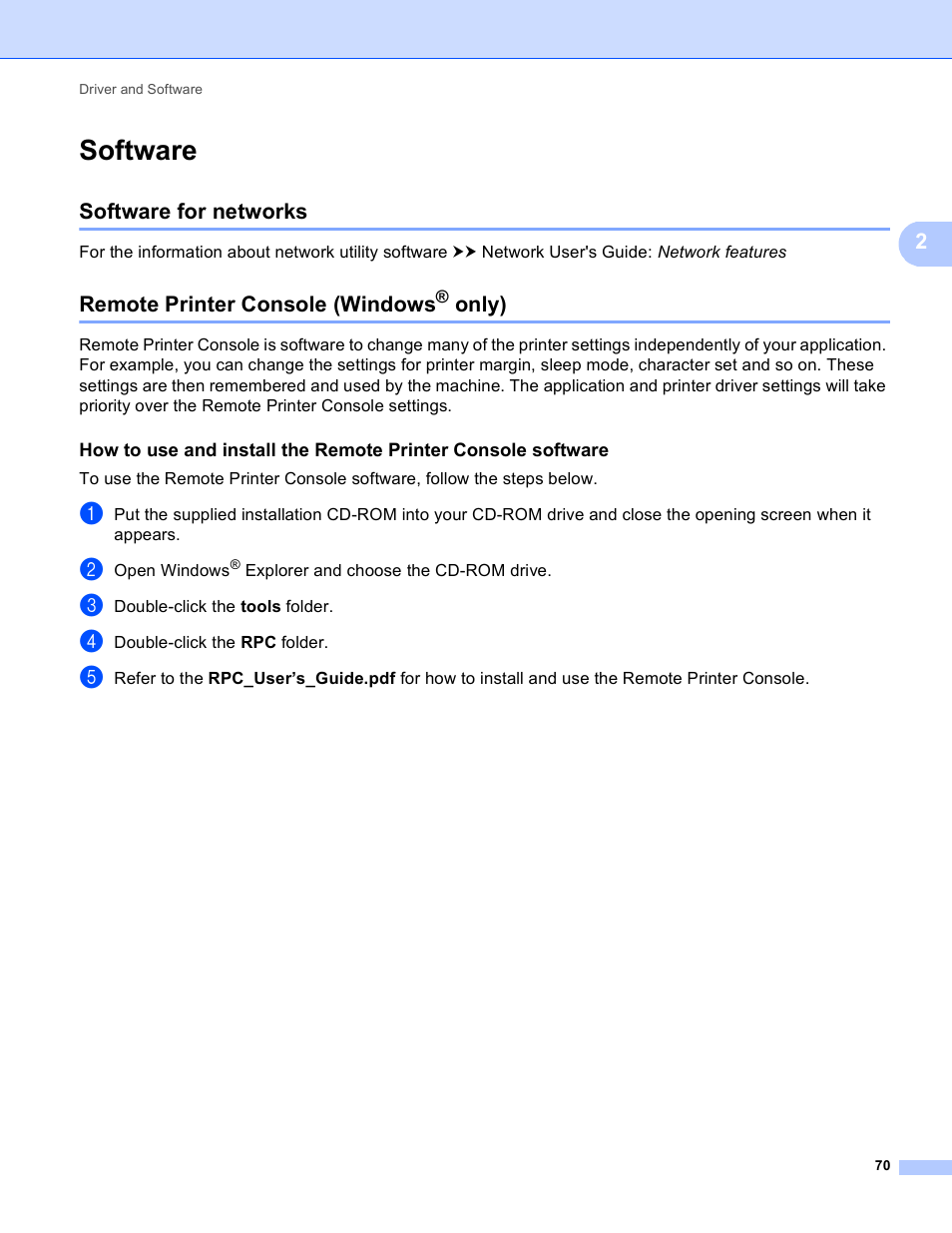 Software, Software for networks, Remote printer console (windows® only) | Only), Remote printer console (windows | Brother HL-5440D User Manual | Page 76 / 168