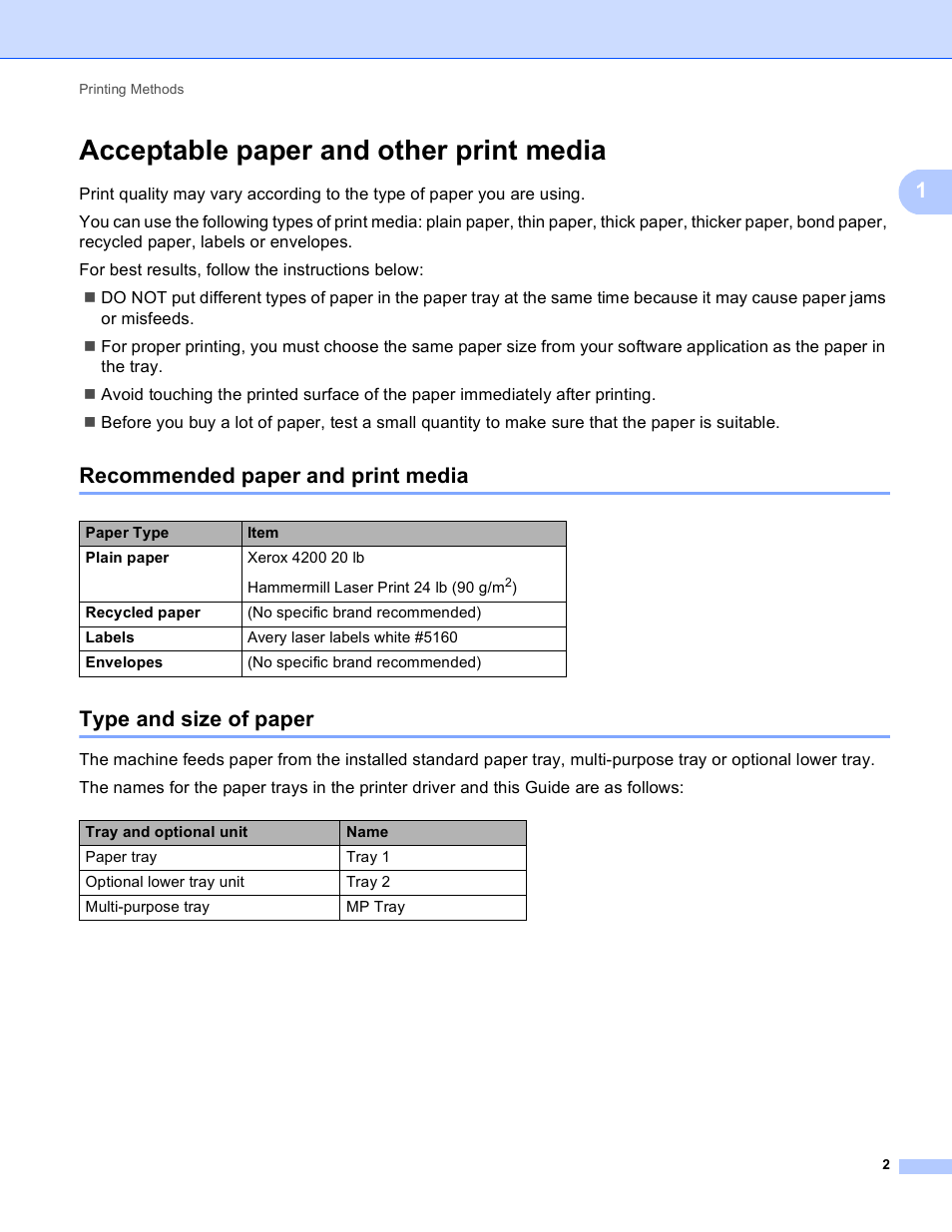 Acceptable paper and other print media, Recommended paper and print media, Type and size of paper | Brother HL-5440D User Manual | Page 8 / 168