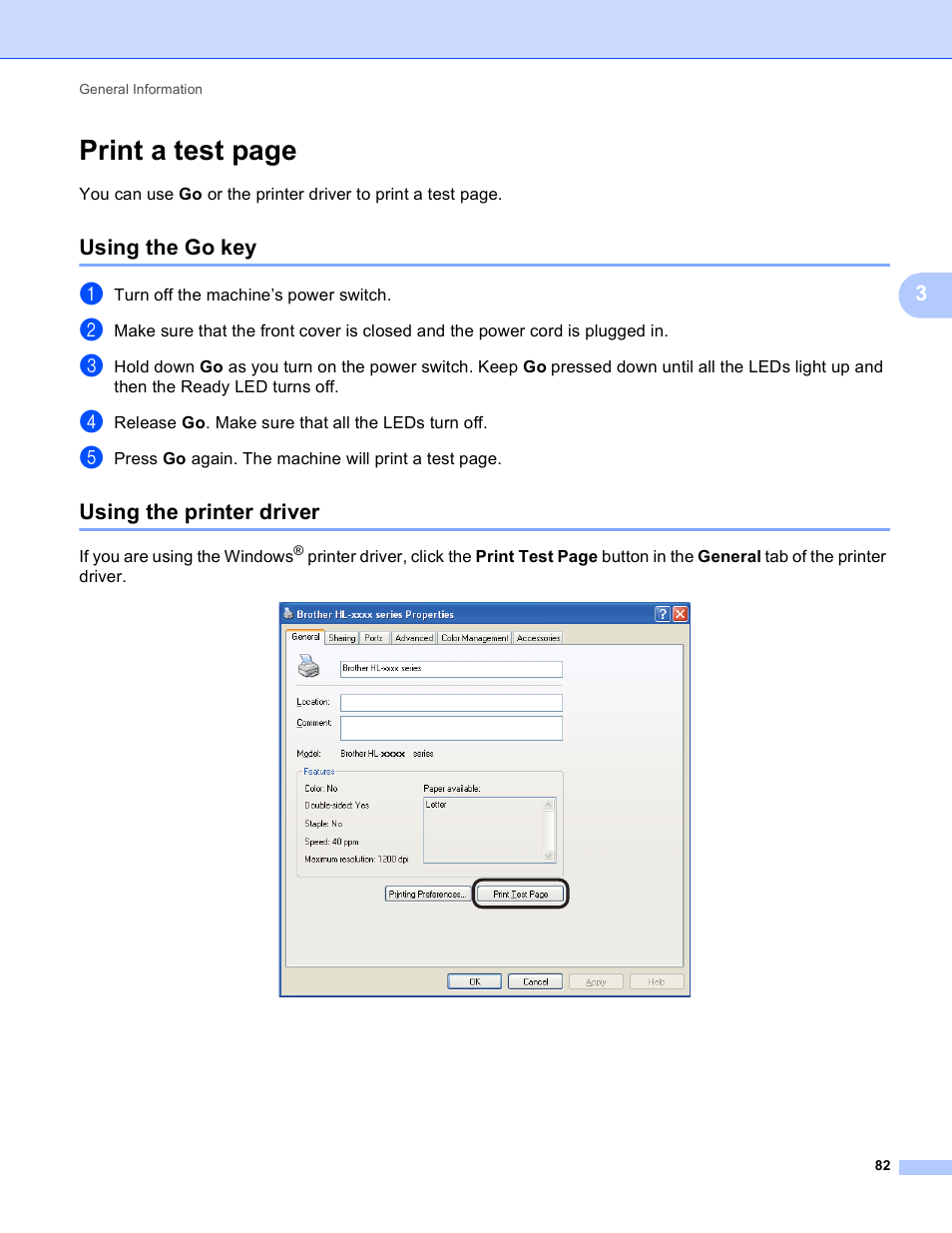 Using the go key, Using the printer driver, Using the go key using the printer driver | Print a test page | Brother HL-5440D User Manual | Page 88 / 168