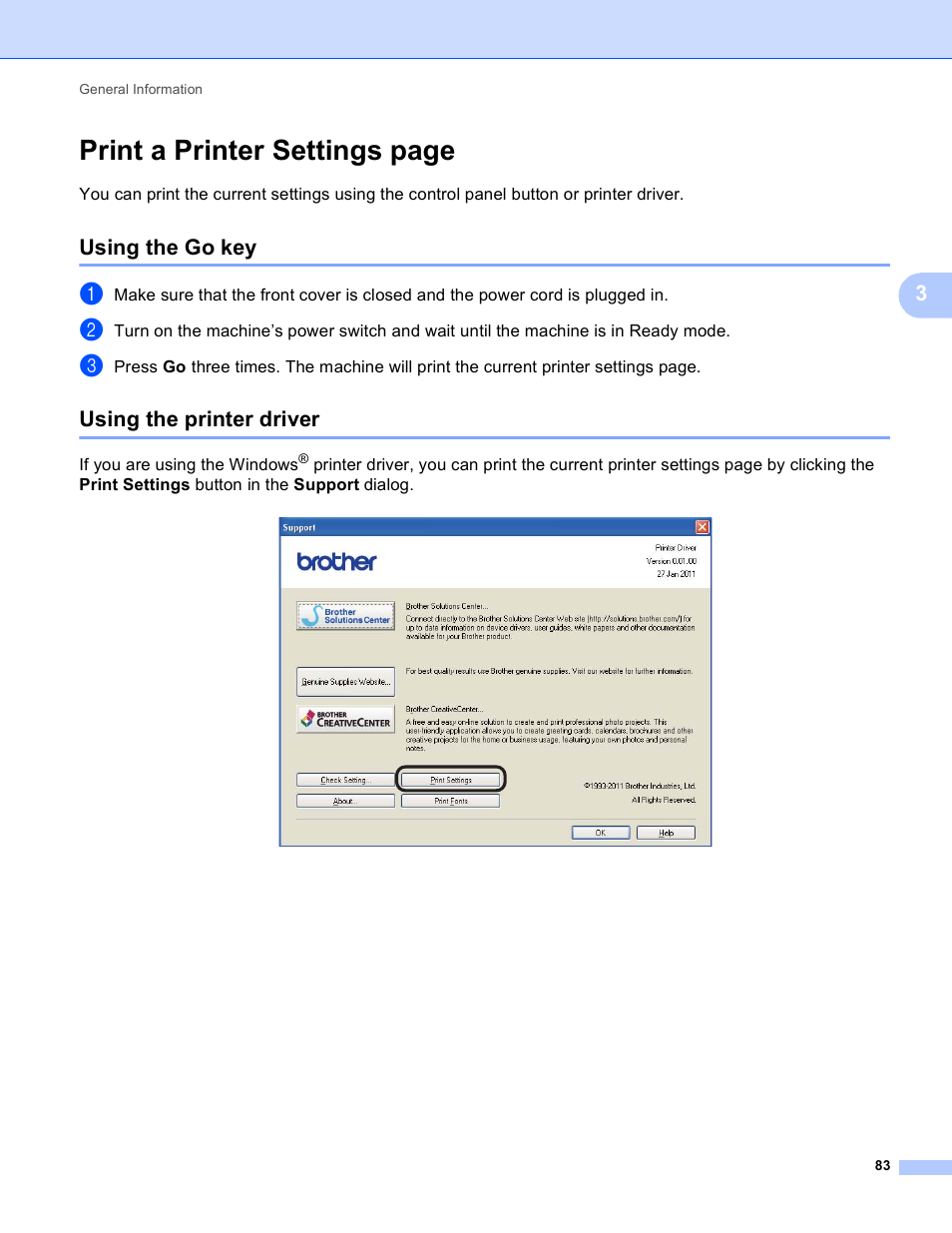 Using the go key, Using the printer driver, Using the go key using the printer driver | Print a printer settings page | Brother HL-5440D User Manual | Page 89 / 168