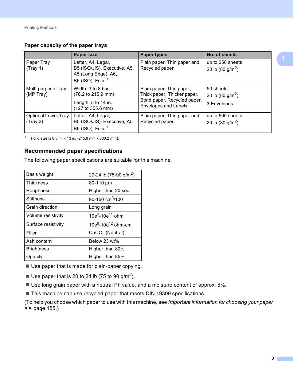 Recommended paper specifications | Brother HL-5440D User Manual | Page 9 / 168