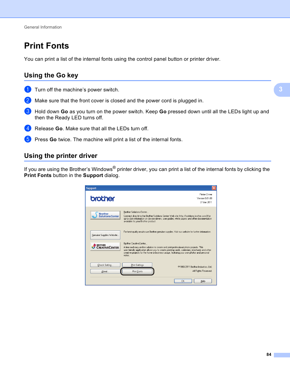 Print fonts, Using the go key, Using the printer driver | Using the go key using the printer driver | Brother HL-5440D User Manual | Page 90 / 168