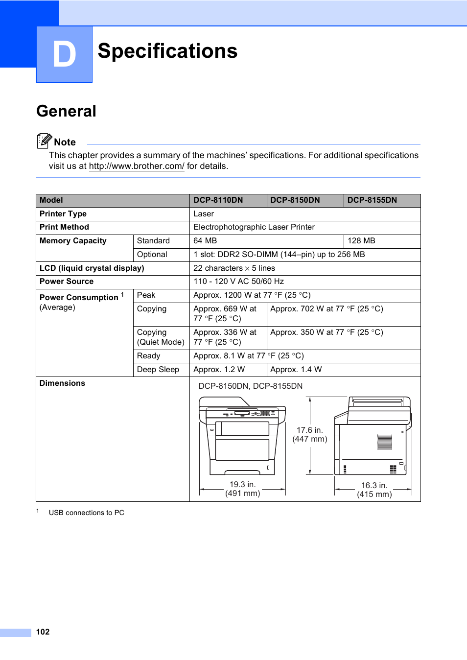 D specifications, General, Specifications | Brother DCP-8110DN User Manual | Page 112 / 127