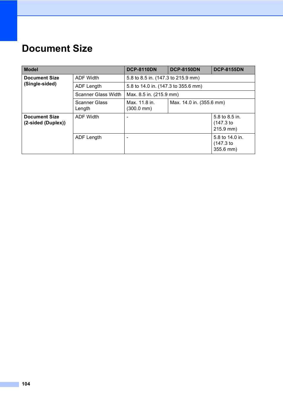 Document size | Brother DCP-8110DN User Manual | Page 114 / 127
