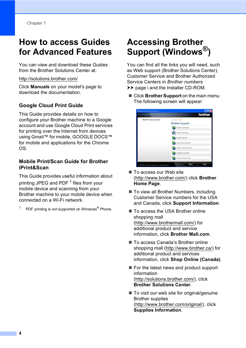 How to access guides for advanced features, Accessing brother support (windows®), Accessing brother support (windows | Brother DCP-8110DN User Manual | Page 14 / 127