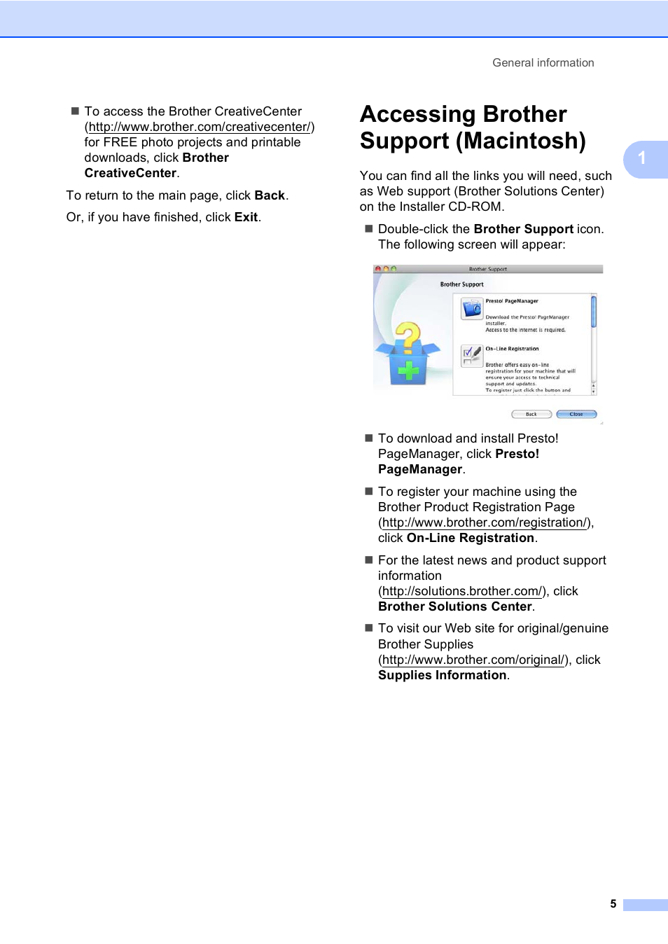 Accessing brother support (macintosh) | Brother DCP-8110DN User Manual | Page 15 / 127