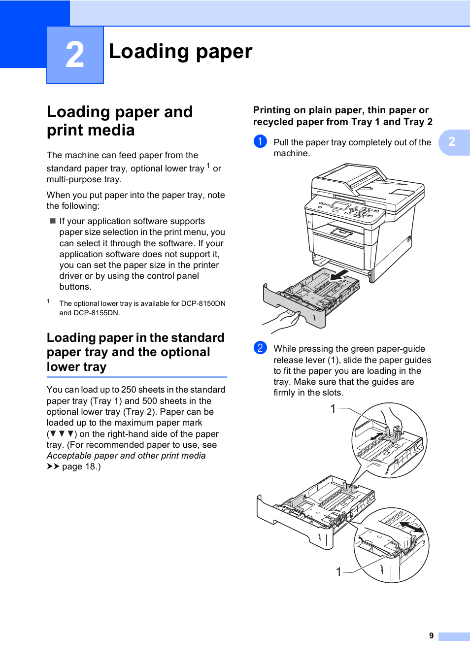 2 loading paper, Loading paper and print media, Loading paper | Brother DCP-8110DN User Manual | Page 19 / 127