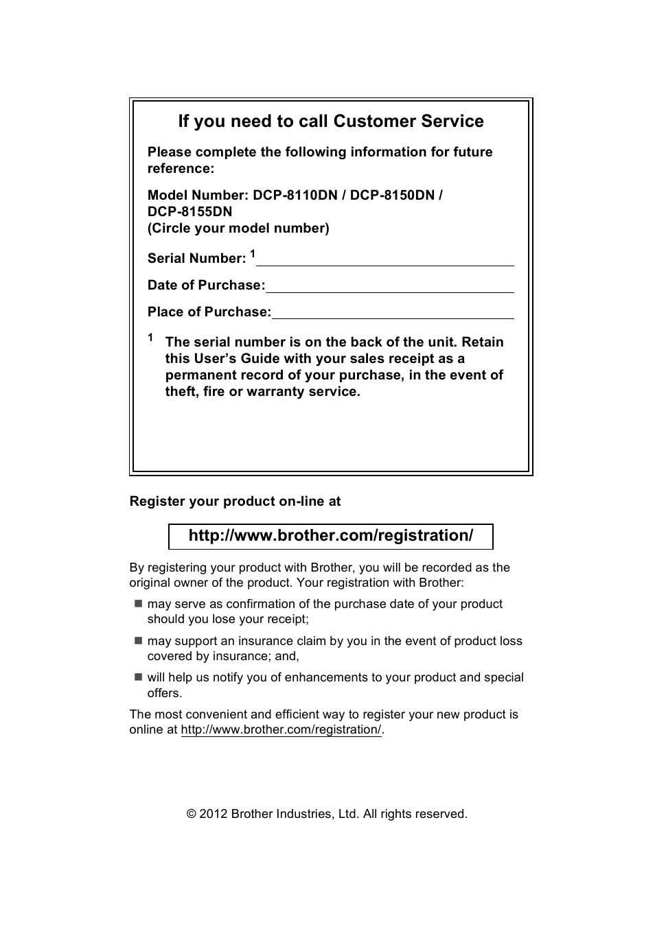 If you need to call customer service | Brother DCP-8110DN User Manual | Page 2 / 127