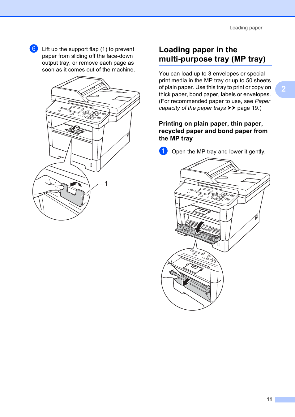 Loading paper in the multi-purpose tray (mp tray) | Brother DCP-8110DN User Manual | Page 21 / 127