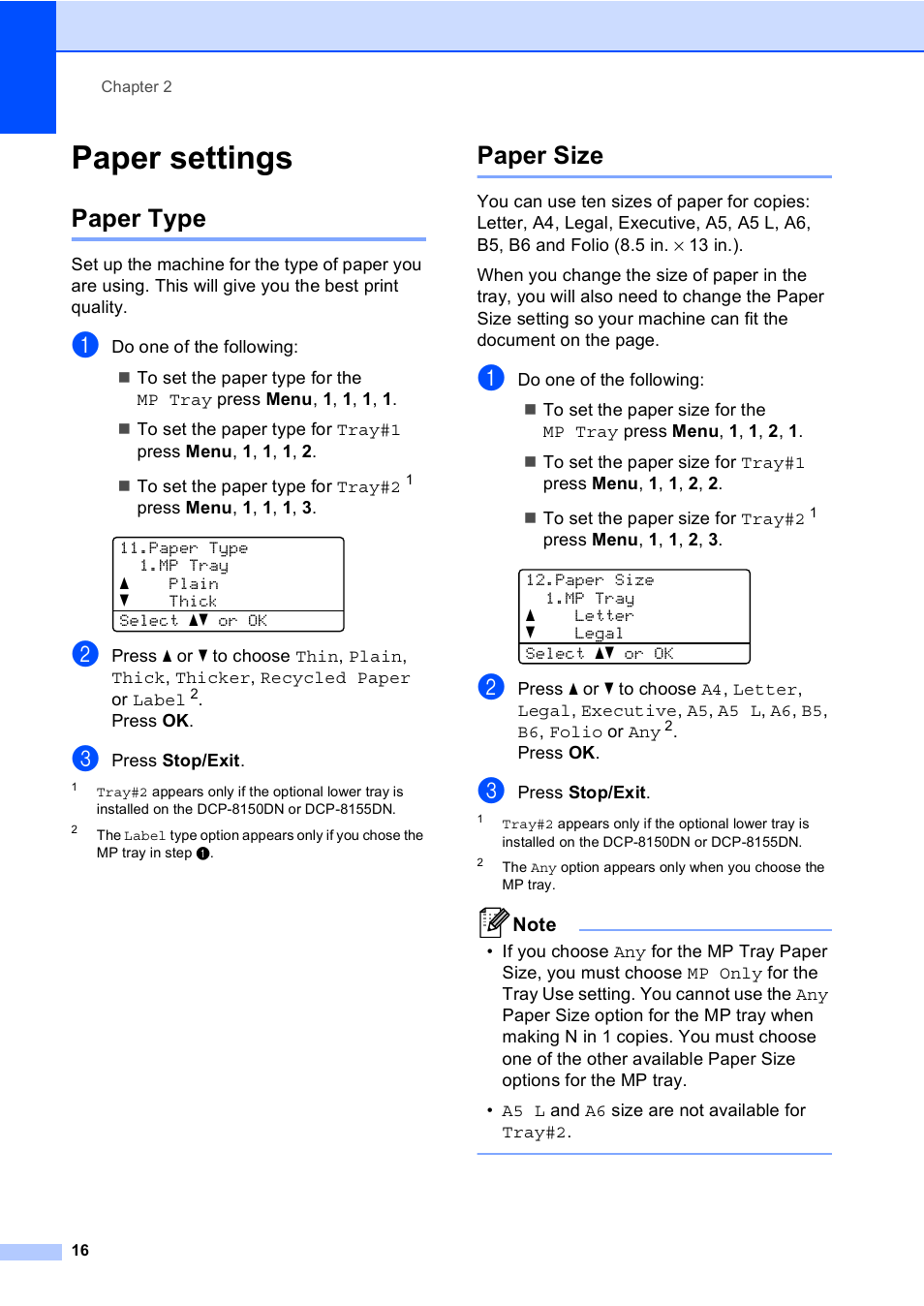 Paper settings, Paper type, Paper size | Paper type paper size | Brother DCP-8110DN User Manual | Page 26 / 127