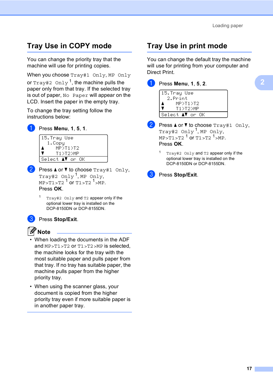 Tray use in copy mode, Tray use in print mode, Tray use in copy mode tray use in print mode | 2tray use in copy mode | Brother DCP-8110DN User Manual | Page 27 / 127