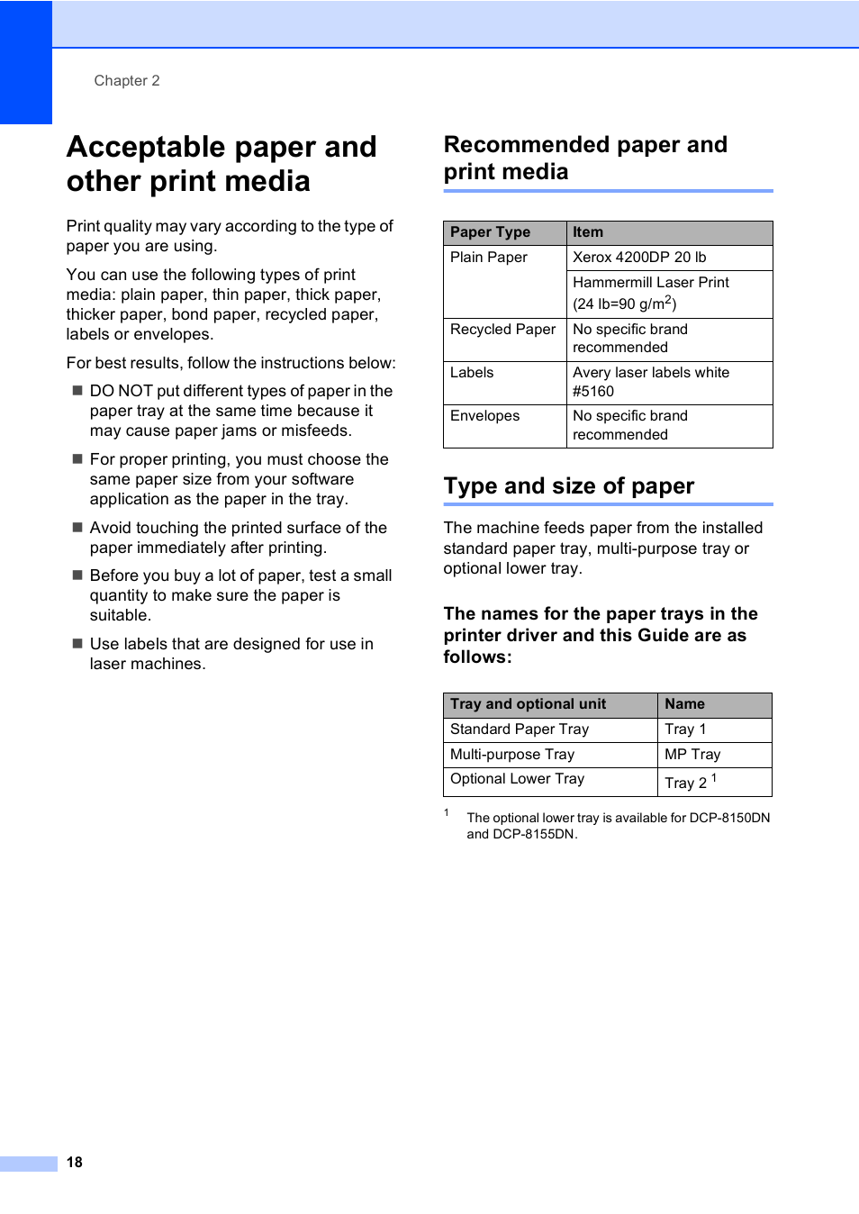 Acceptable paper and other print media, Recommended paper and print media, Type and size of paper | Acceptable paper and other print media uu | Brother DCP-8110DN User Manual | Page 28 / 127