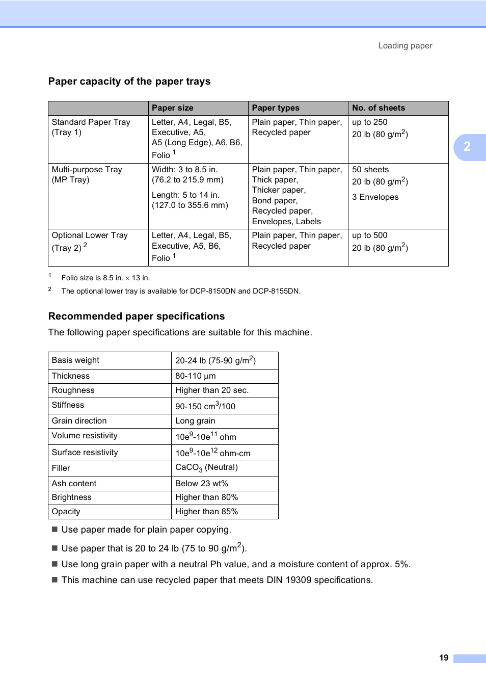Paper capacity of the paper trays, Recommended paper specifications | Brother DCP-8110DN User Manual | Page 29 / 127