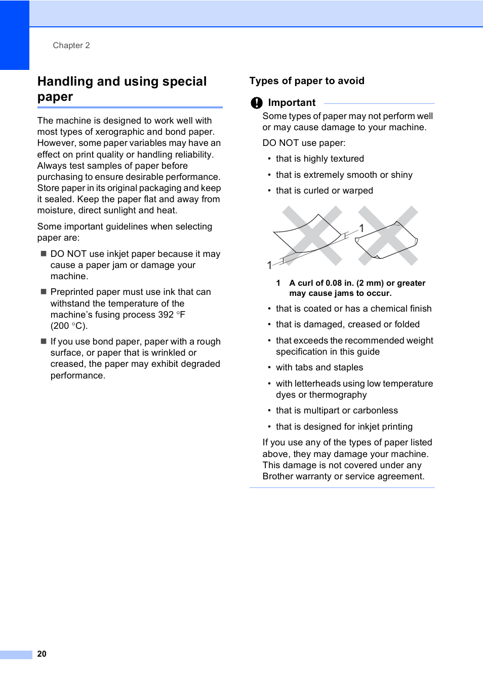 Handling and using special paper, Types of paper to avoid | Brother DCP-8110DN User Manual | Page 30 / 127