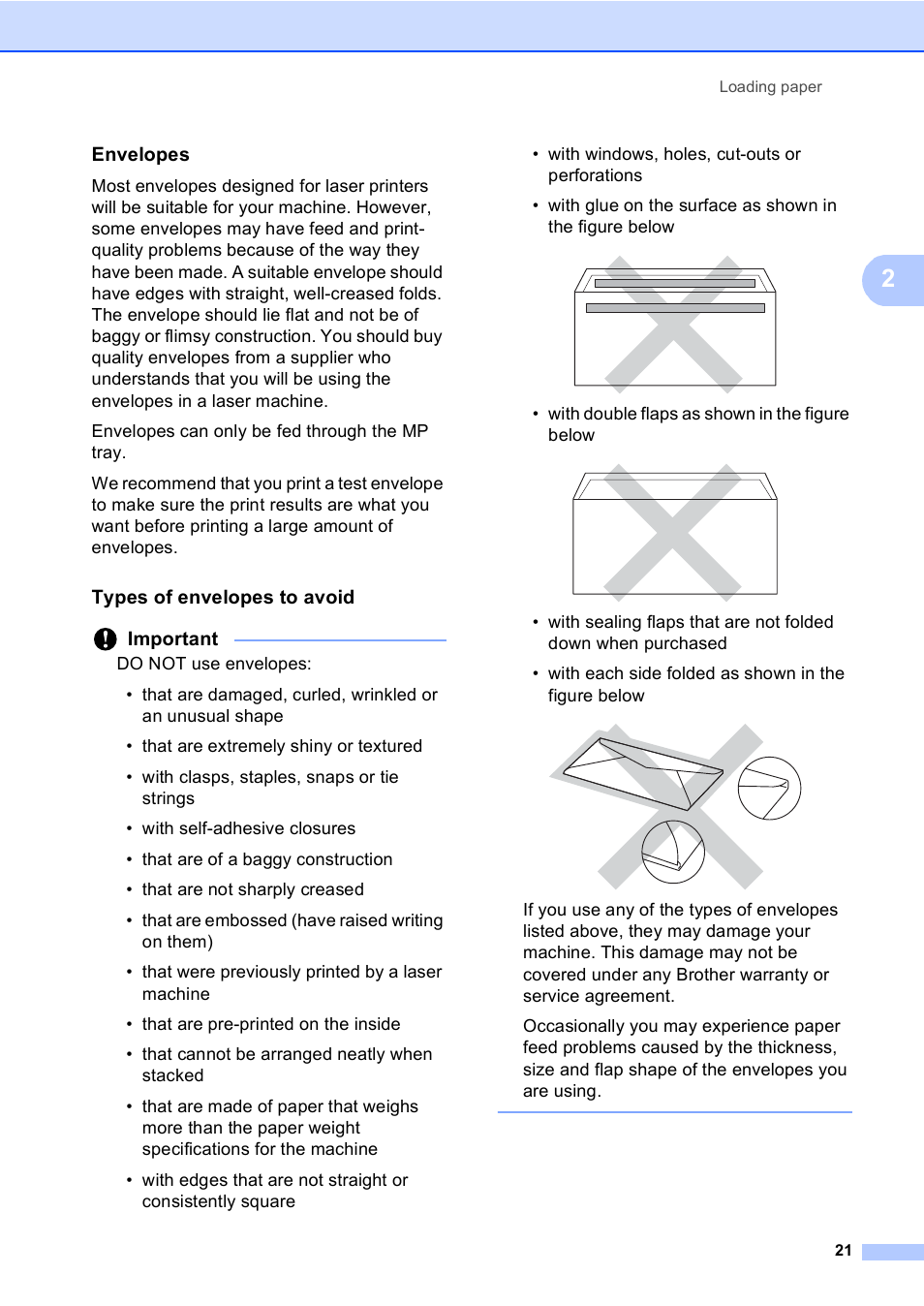 Envelopes, Types of envelopes to avoid | Brother DCP-8110DN User Manual | Page 31 / 127
