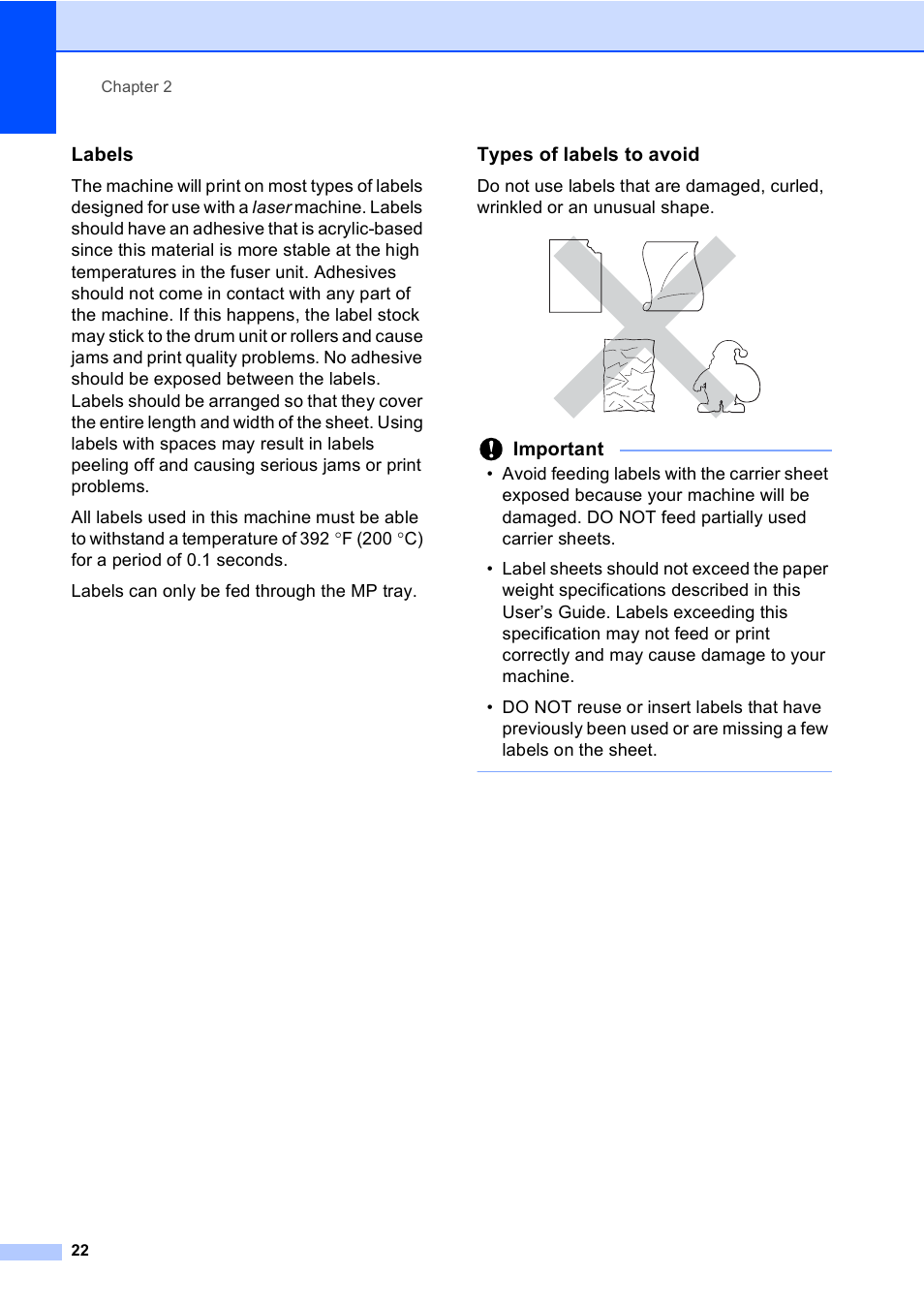 Labels, Types of labels to avoid, Important | Brother DCP-8110DN User Manual | Page 32 / 127