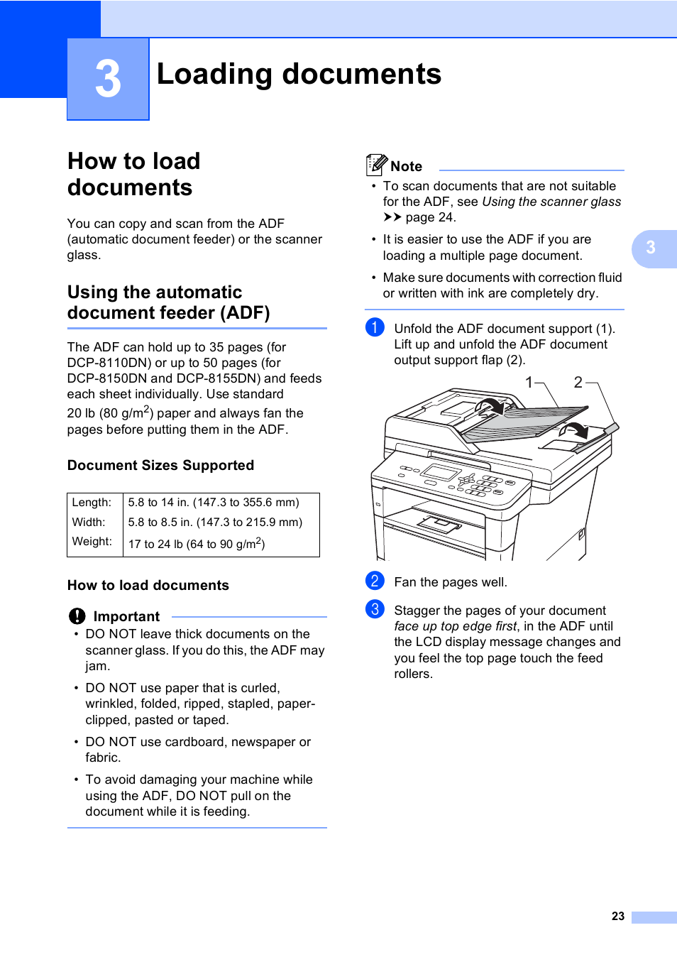 3 loading documents, How to load documents, Using the automatic document feeder (adf) | Document sizes supported, Loading documents | Brother DCP-8110DN User Manual | Page 33 / 127