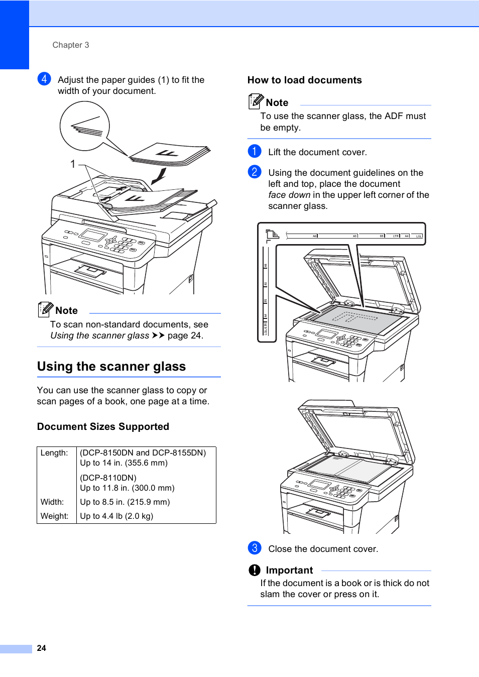 Using the scanner glass, Document sizes supported, How to load documents | Important | Brother DCP-8110DN User Manual | Page 34 / 127