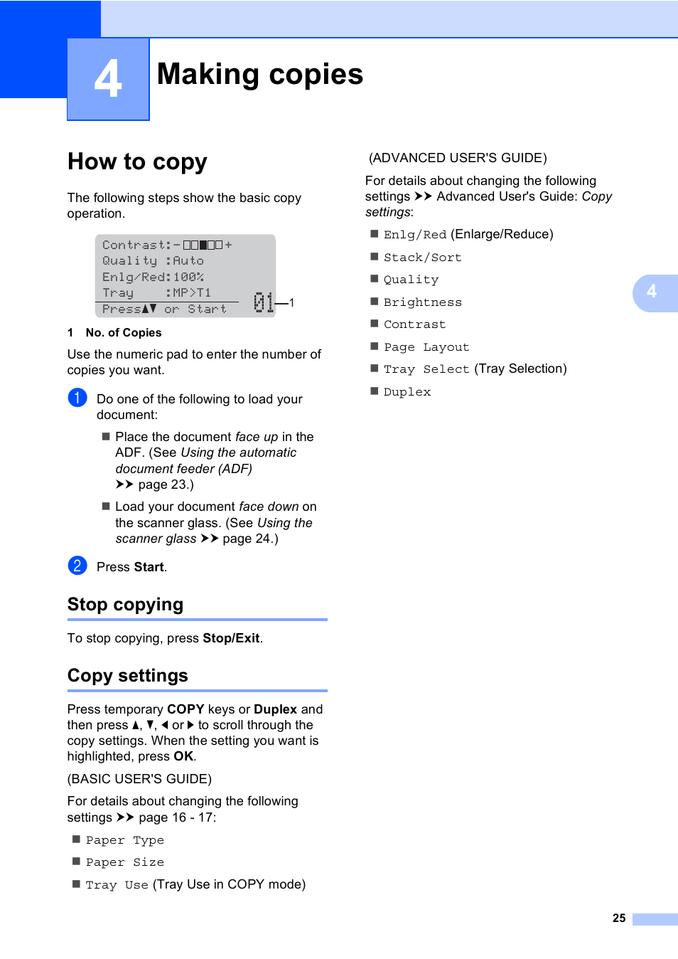 4 making copies, How to copy, Stop copying | Copy settings, Making copies, Stop copying copy settings | Brother DCP-8110DN User Manual | Page 35 / 127