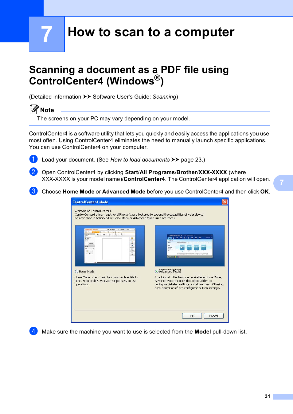7 how to scan to a computer, How to scan to a computer | Brother DCP-8110DN User Manual | Page 41 / 127