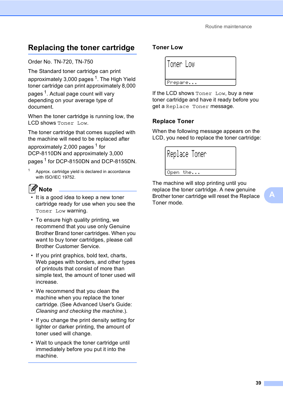 Replacing the toner cartridge, Toner low, Replace toner | Areplacing the toner cartridge | Brother DCP-8110DN User Manual | Page 49 / 127