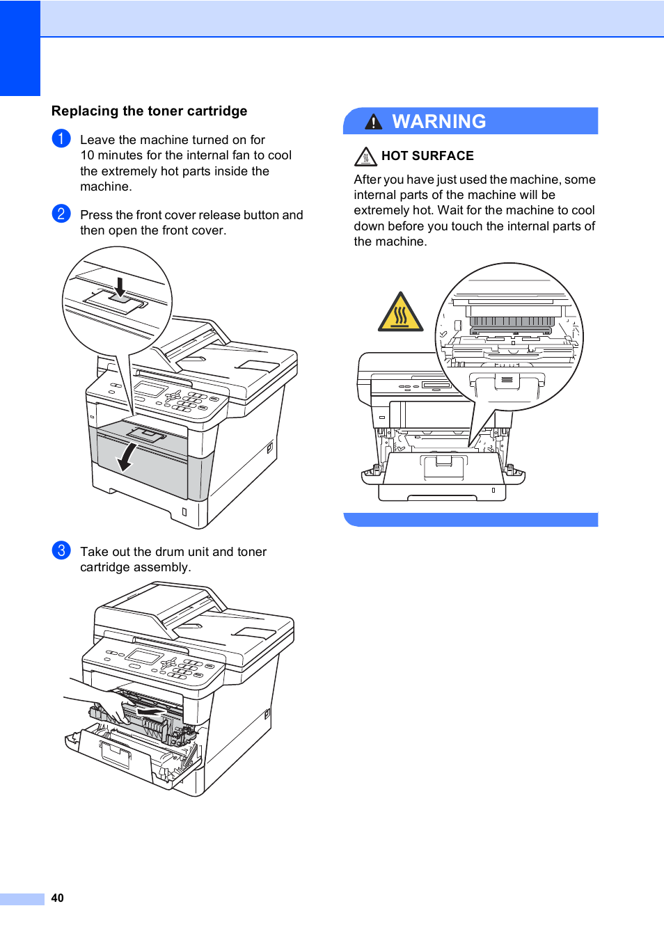 Replacing the toner cartridge, Warning | Brother DCP-8110DN User Manual | Page 50 / 127