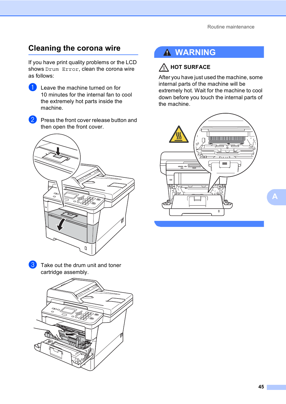 Cleaning the corona wire, Warning, Acleaning the corona wire | Brother DCP-8110DN User Manual | Page 55 / 127