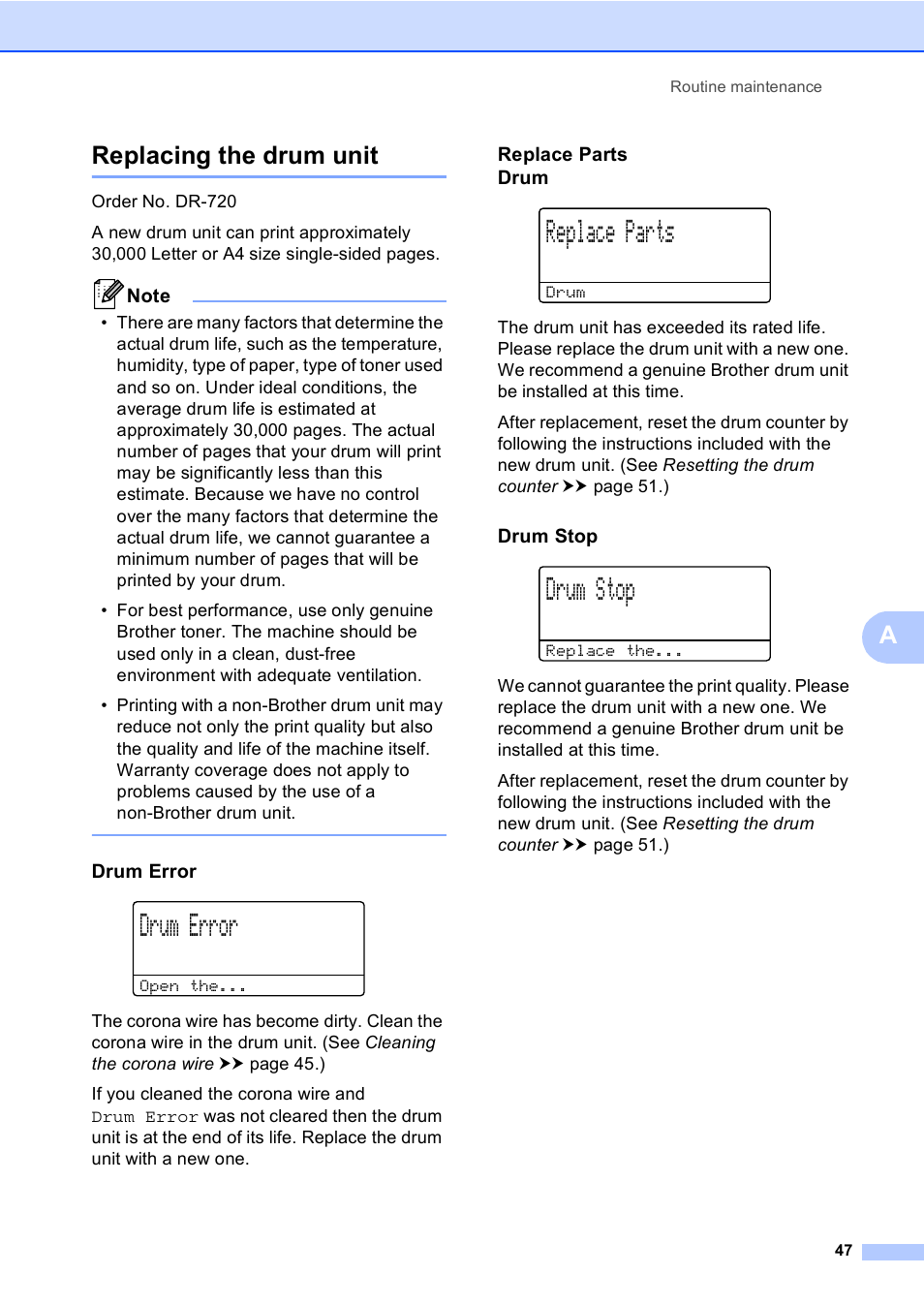 Replacing the drum unit, Drum error, Replace parts drum | Drum stop, Replace parts, Areplacing the drum unit | Brother DCP-8110DN User Manual | Page 57 / 127