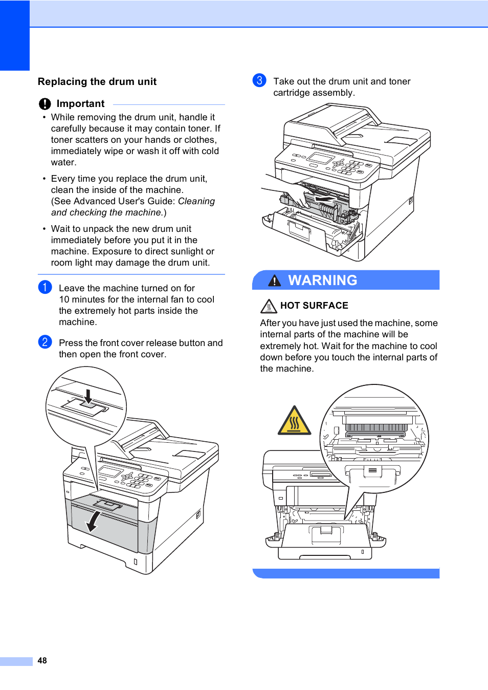 Replacing the drum unit, Warning, Important | Brother DCP-8110DN User Manual | Page 58 / 127