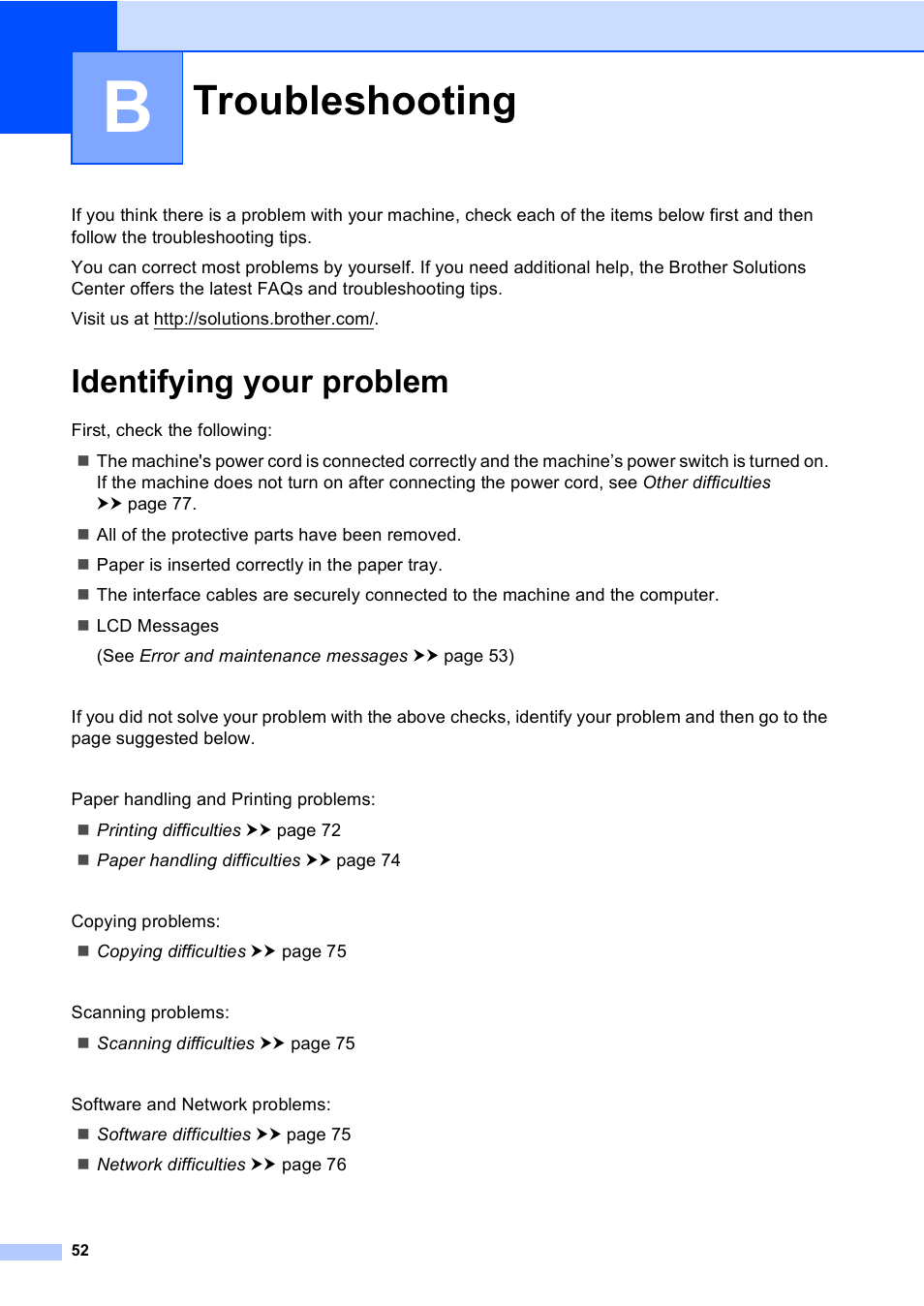 B troubleshooting, Identifying your problem, Troubleshooting | Brother DCP-8110DN User Manual | Page 62 / 127