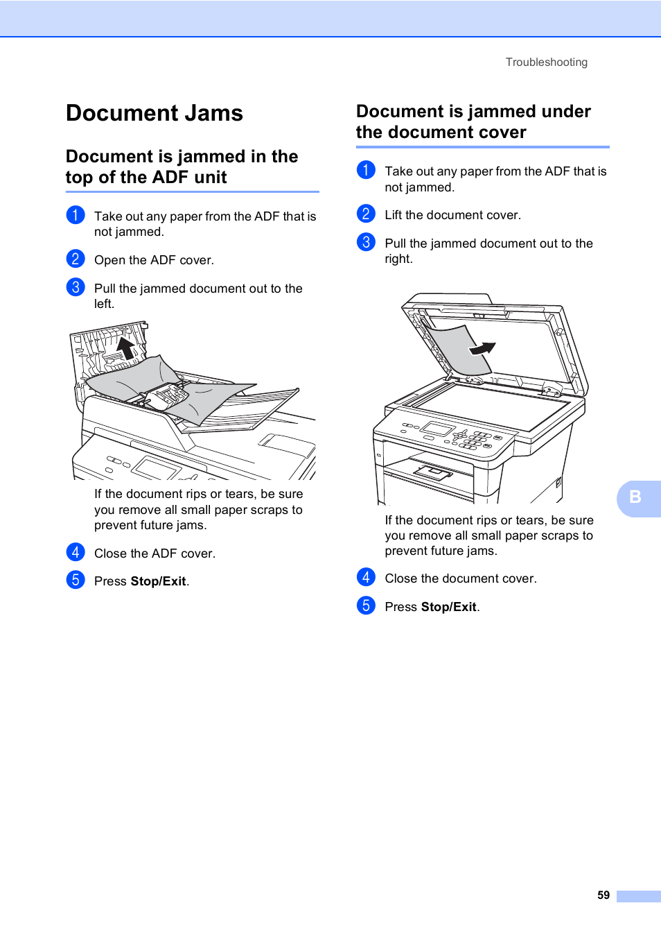 Document jams, Document is jammed in the top of the adf unit, Document is jammed under the document cover | Brother DCP-8110DN User Manual | Page 69 / 127