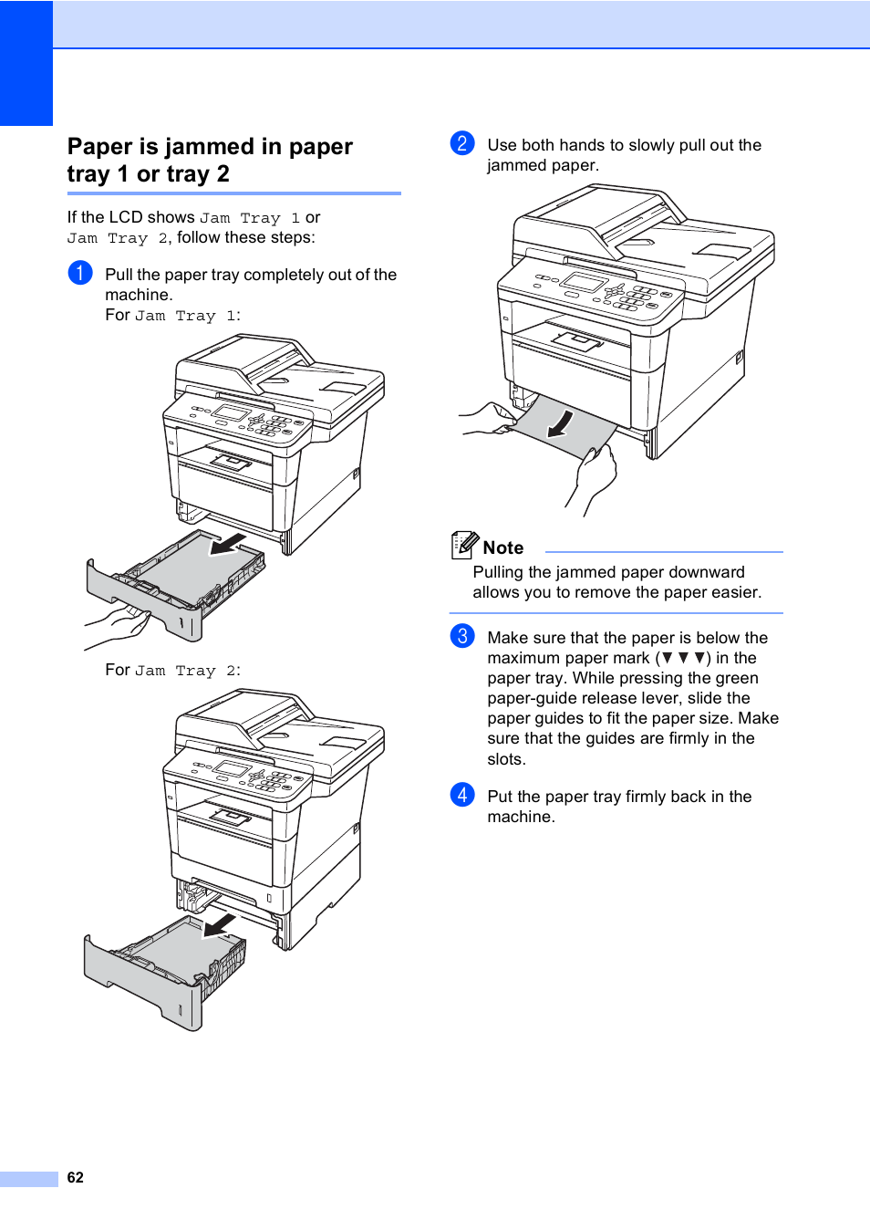 Paper is jammed in paper tray 1 or tray 2, Paper is jammed in paper tray 1 or tray 2 uu | Brother DCP-8110DN User Manual | Page 72 / 127