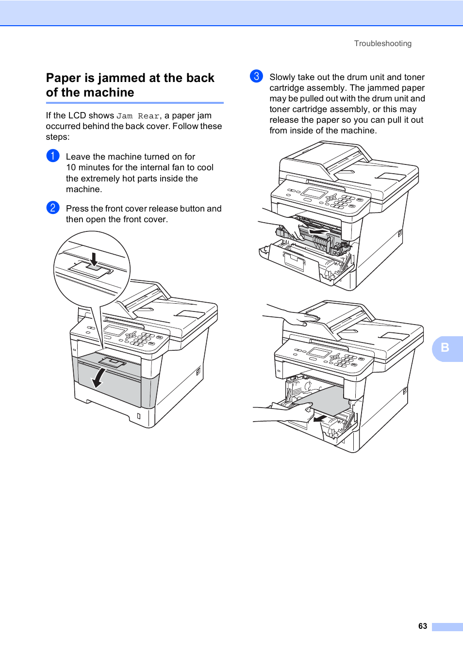 Paper is jammed at the back of the machine, Bpaper is jammed at the back of the machine | Brother DCP-8110DN User Manual | Page 73 / 127