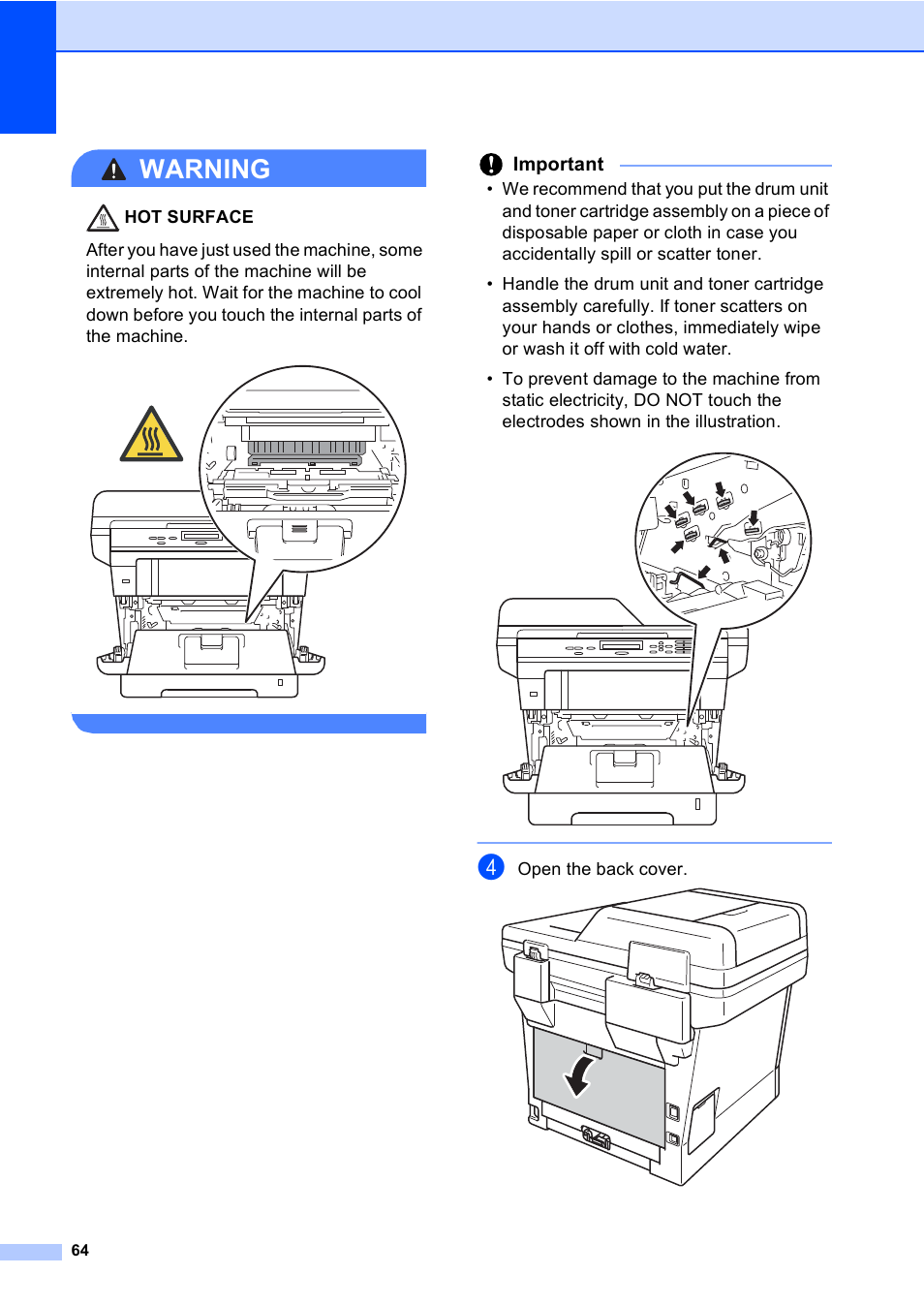 Warning, Important, Open the back cover | Brother DCP-8110DN User Manual | Page 74 / 127