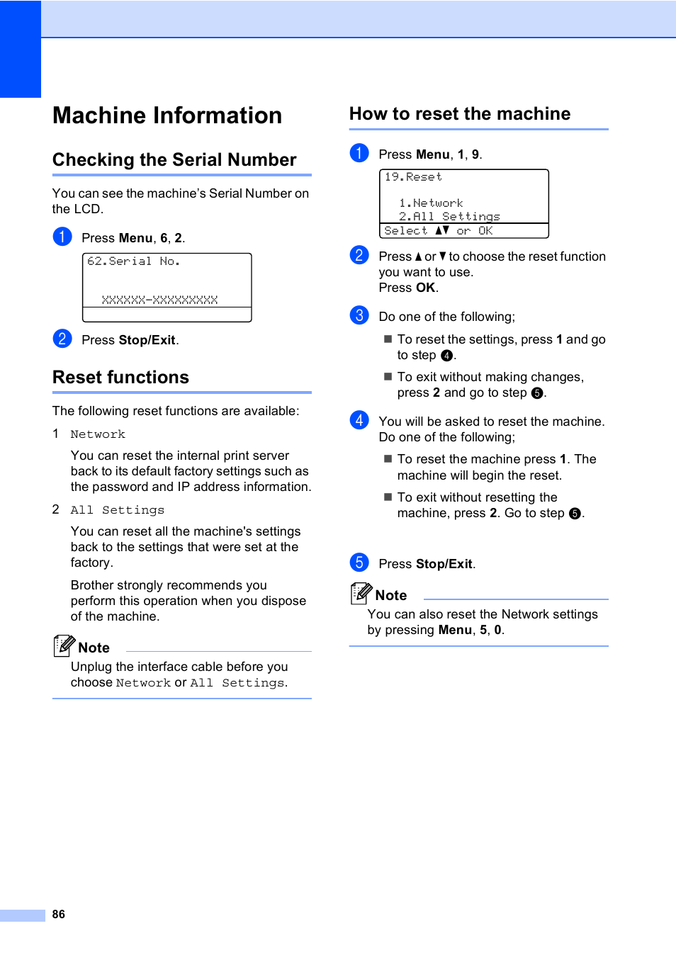 Machine information, Checking the serial number, Reset functions | How to reset the machine | Brother DCP-8110DN User Manual | Page 96 / 127