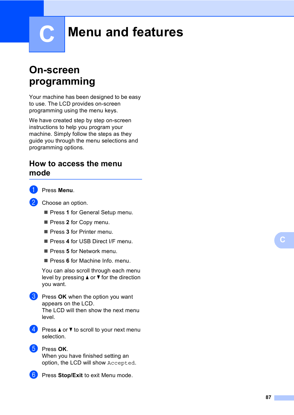 C menu and features, On-screen programming, How to access the menu mode | Menu and features | Brother DCP-8110DN User Manual | Page 97 / 127