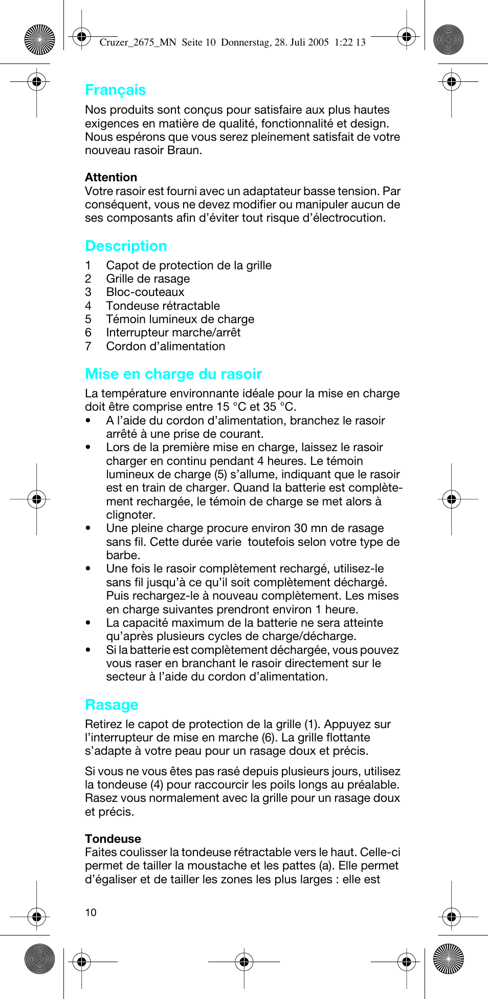 Français, Description, Mise en charge du rasoir | Rasage | Braun 2675 Cruzer User Manual | Page 10 / 47