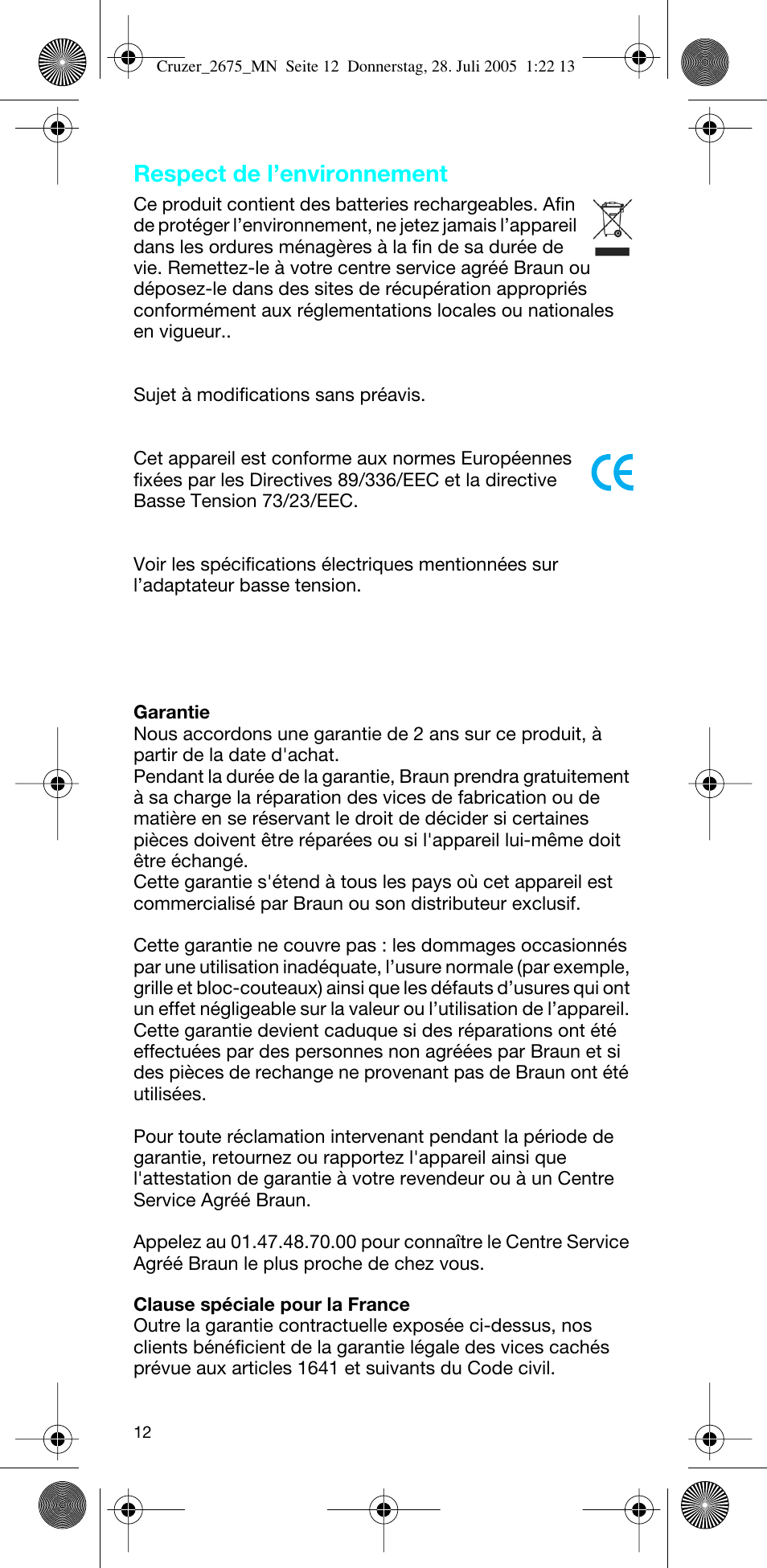 Respect de l’environnement | Braun 2675 Cruzer User Manual | Page 12 / 47