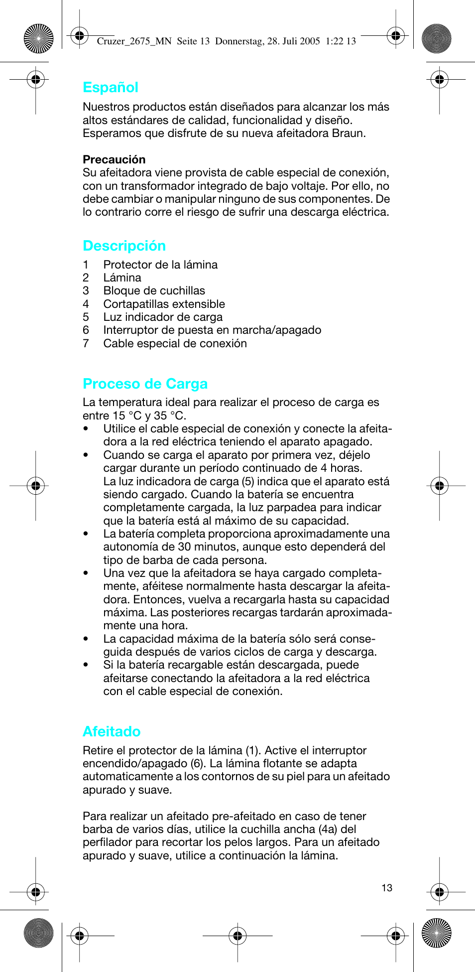 Español, Descripción, Proceso de carga | Afeitado | Braun 2675 Cruzer User Manual | Page 13 / 47