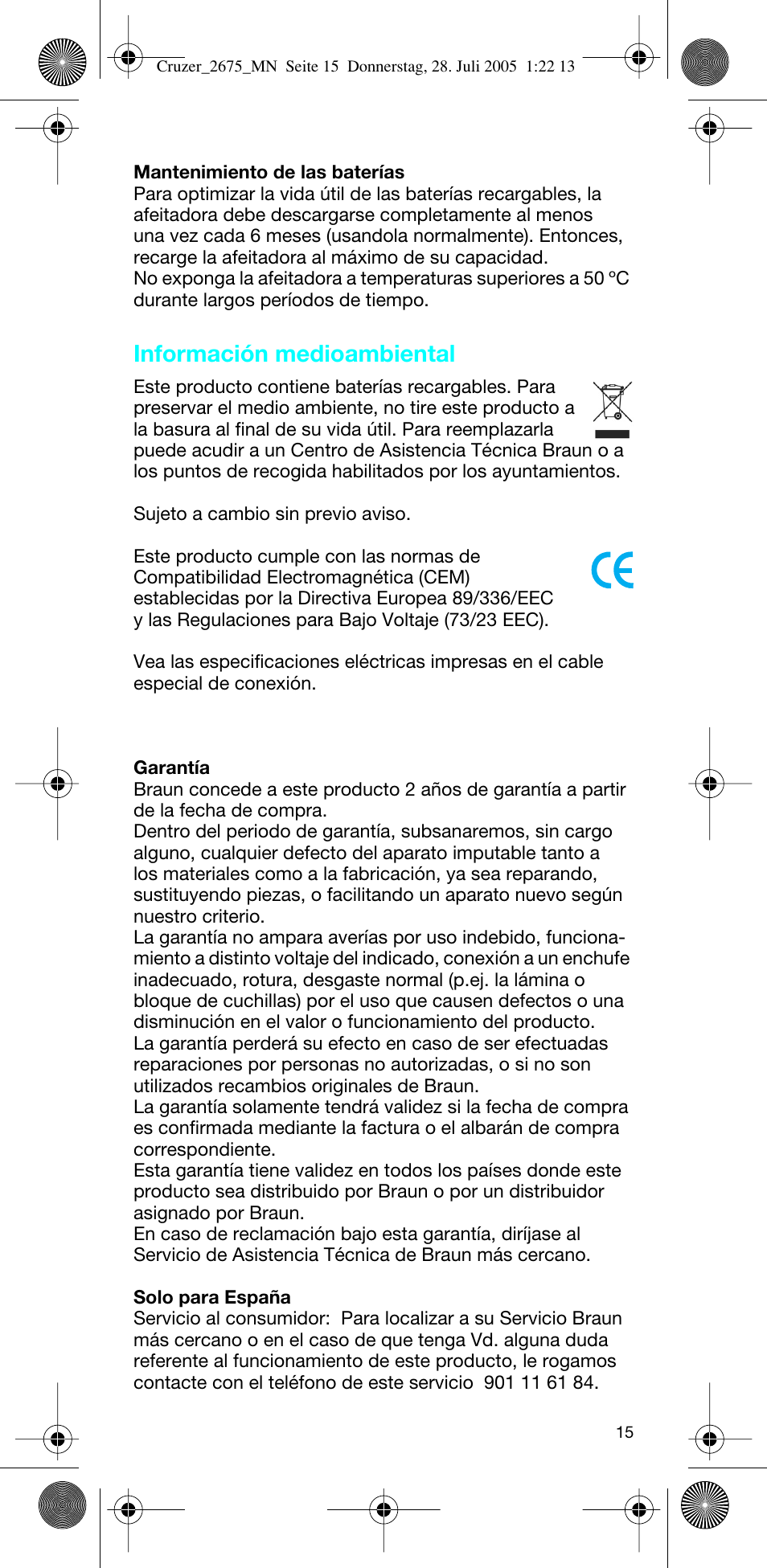 Información medioambiental | Braun 2675 Cruzer User Manual | Page 15 / 47