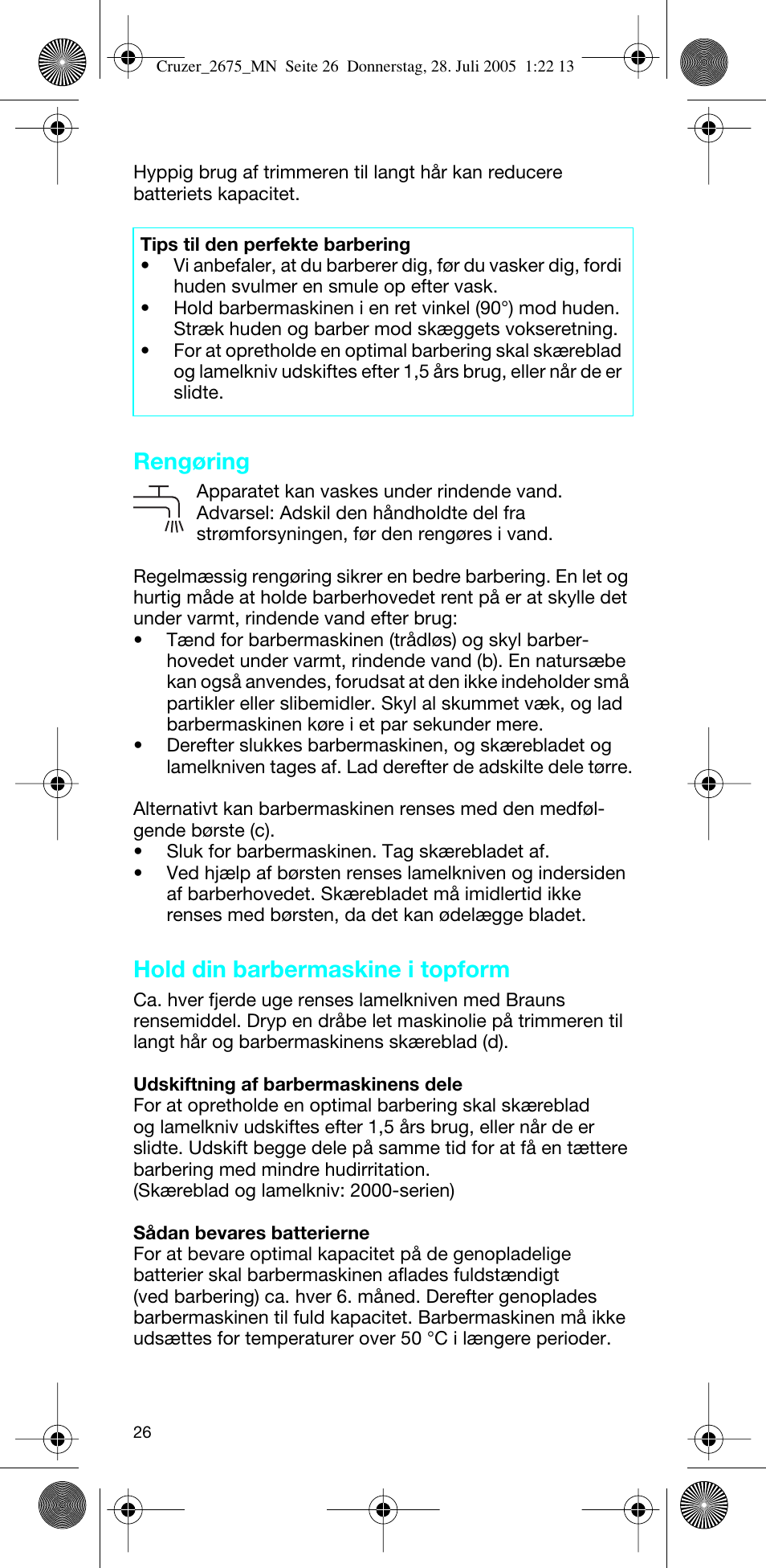 Rengøring, Hold din barbermaskine i topform | Braun 2675 Cruzer User Manual | Page 26 / 47