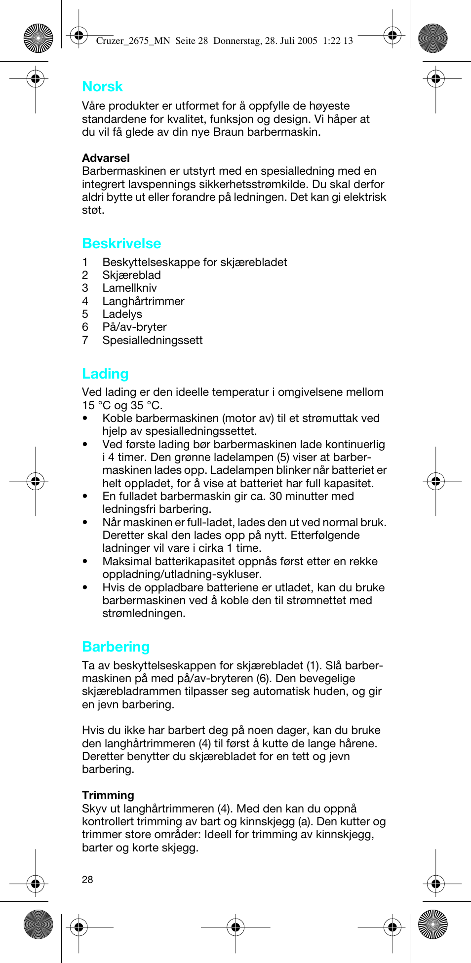 Norsk, Beskrivelse, Lading | Barbering | Braun 2675 Cruzer User Manual | Page 28 / 47