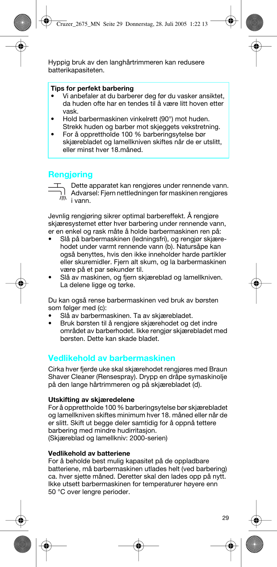 Rengjøring, Vedlikehold av barbermaskinen | Braun 2675 Cruzer User Manual | Page 29 / 47