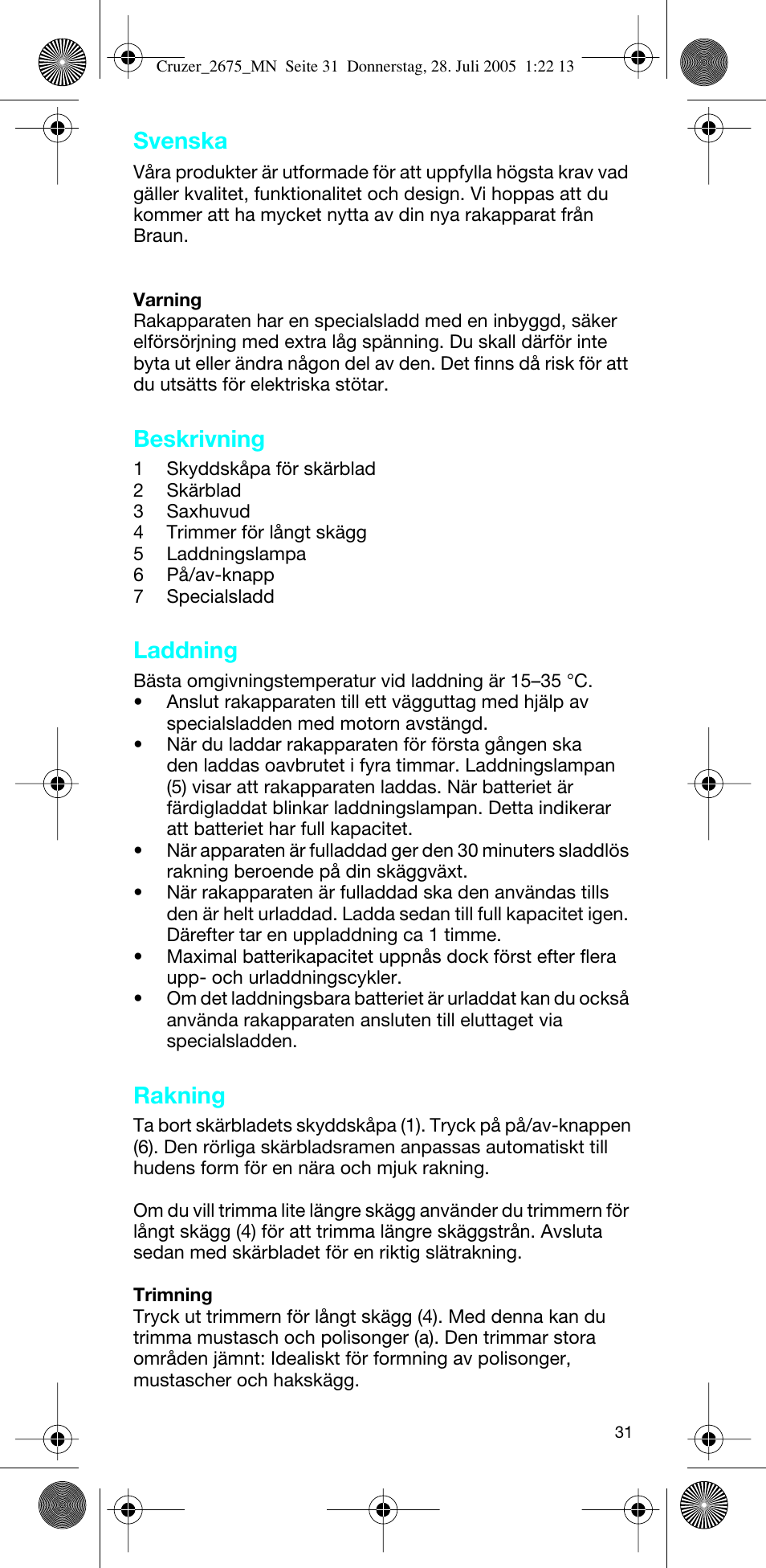 Svenska, Beskrivning, Laddning | Rakning | Braun 2675 Cruzer User Manual | Page 31 / 47