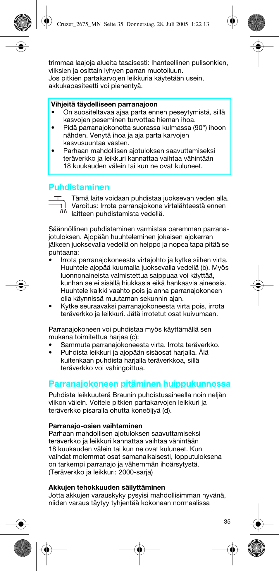 Puhdistaminen, Parranajokoneen pitäminen huippukunnossa | Braun 2675 Cruzer User Manual | Page 35 / 47