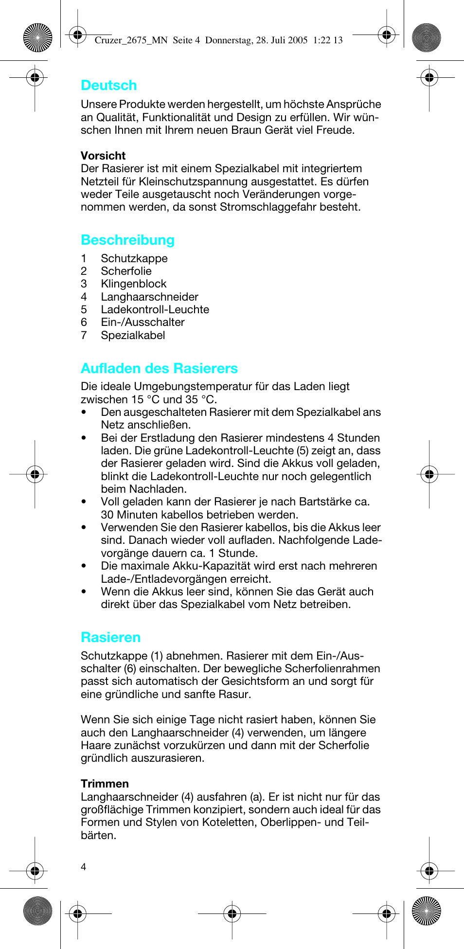 Beschreibung, Aufladen des rasierers, Rasieren | Deutsch | Braun 2675 Cruzer User Manual | Page 4 / 47